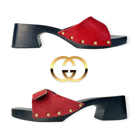 GUCCI | 5.5 | Red Ponyhair Gold Buckle Studded Wood Block Heel Slide Sandals - Picture 6 of 12